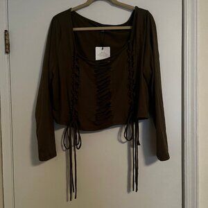 Shein Size 4xl Olive Green Distressed Long Sleeve Cropped Top NWT